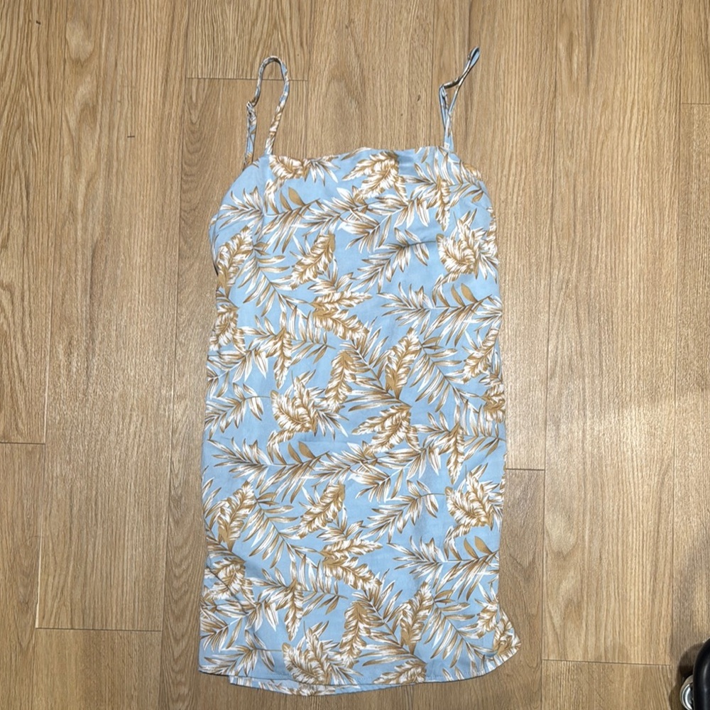 Blue and Tan Leaf Print Dress
